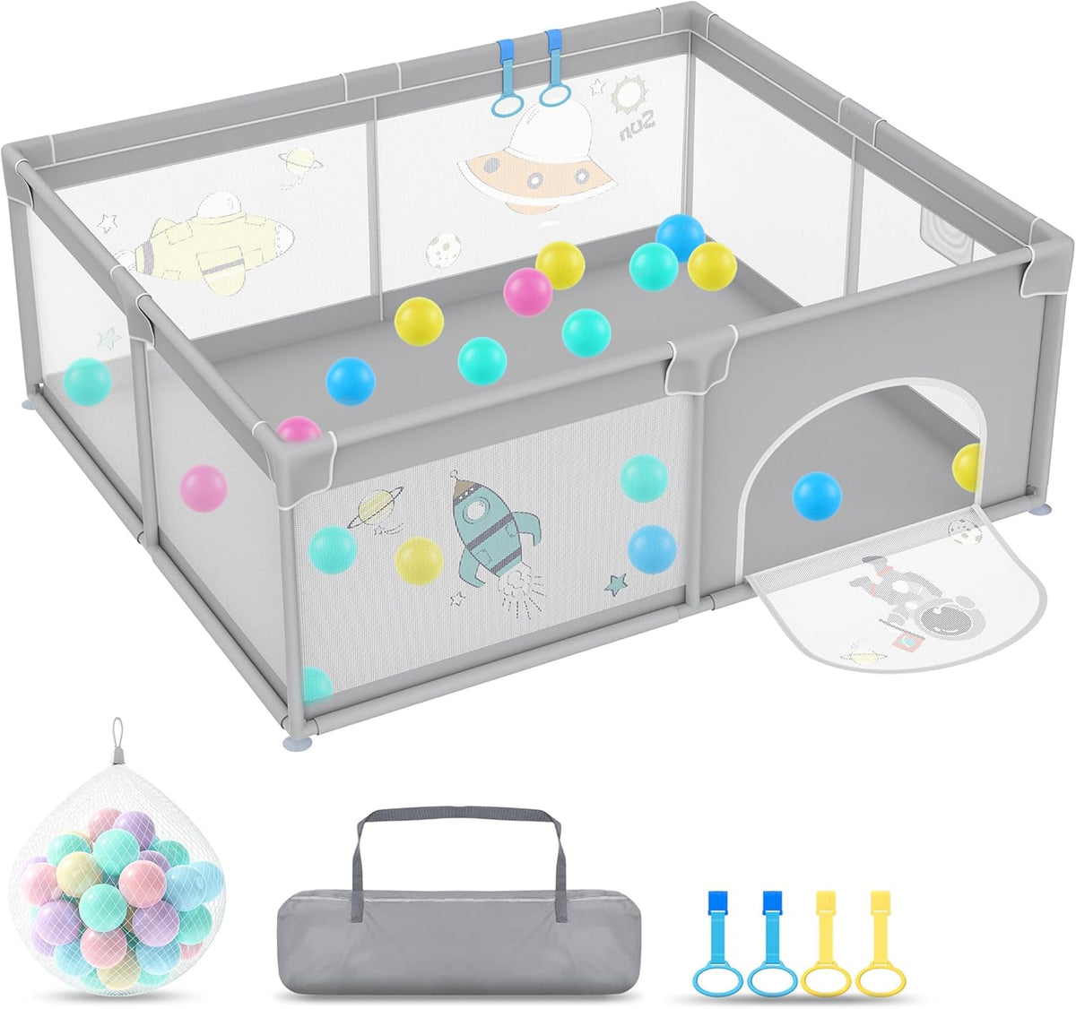 SUBTLETY Babybox, 150 x 180 cm, inklapbare box, 68 cm, hoog, afsluitrooster met anti-botsingsschuim, ademend net en ritssluiting, kruipruimte, speelpen voor kinderen en zuigelingen, grijs