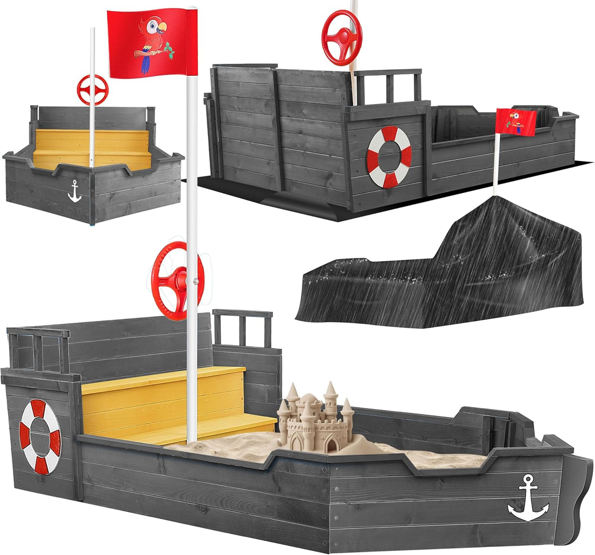 KIDIZ® Zandbak AHOI - piratenschip boot zeilschip van hout incl. afdekking, grondzeil, zitbank, vlaggenmast, speelgoed | grote kinderzandbak voor de tuin | outdoor zandbak antraciet
