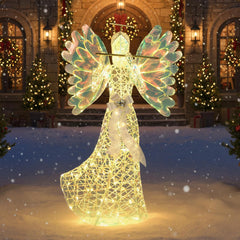 COSTWAY Kerstengel verlicht groot, 158 cm, iriserend met 250 warmwitte ledlampen, kerstdecoratie met halo en fluit, kerstfiguur, kerstdecoratie voor buiten, binnen