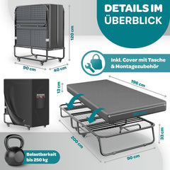 KESSER® Opklapbed, logeerbed, inclusief matras van traagschuim & wieltjes, opvouwbaar reisbed met metalen frame, belastbaar tot 250 kg, metalen bed met schuimrubberen matras & cover, anthrazit