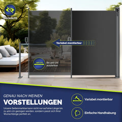 tillvex® Zijluifel uittrekbaar en ondoorzichtig, inkijkbescherming voor balkon, tuin en terras, zijrolgordijn met wandhouder, zonwering van roestvrij staal, luifel (antraciet, 160 x 400 cm)
