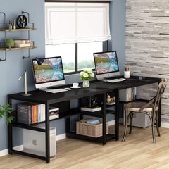 Tribesigns Tweepersoons bureau met boekenplank, 200x60 cm computer kantoor dubbel bureau voor twee personen, rustiek schrijfbureau werkstation met plank voor thuiskantoor (zwart)