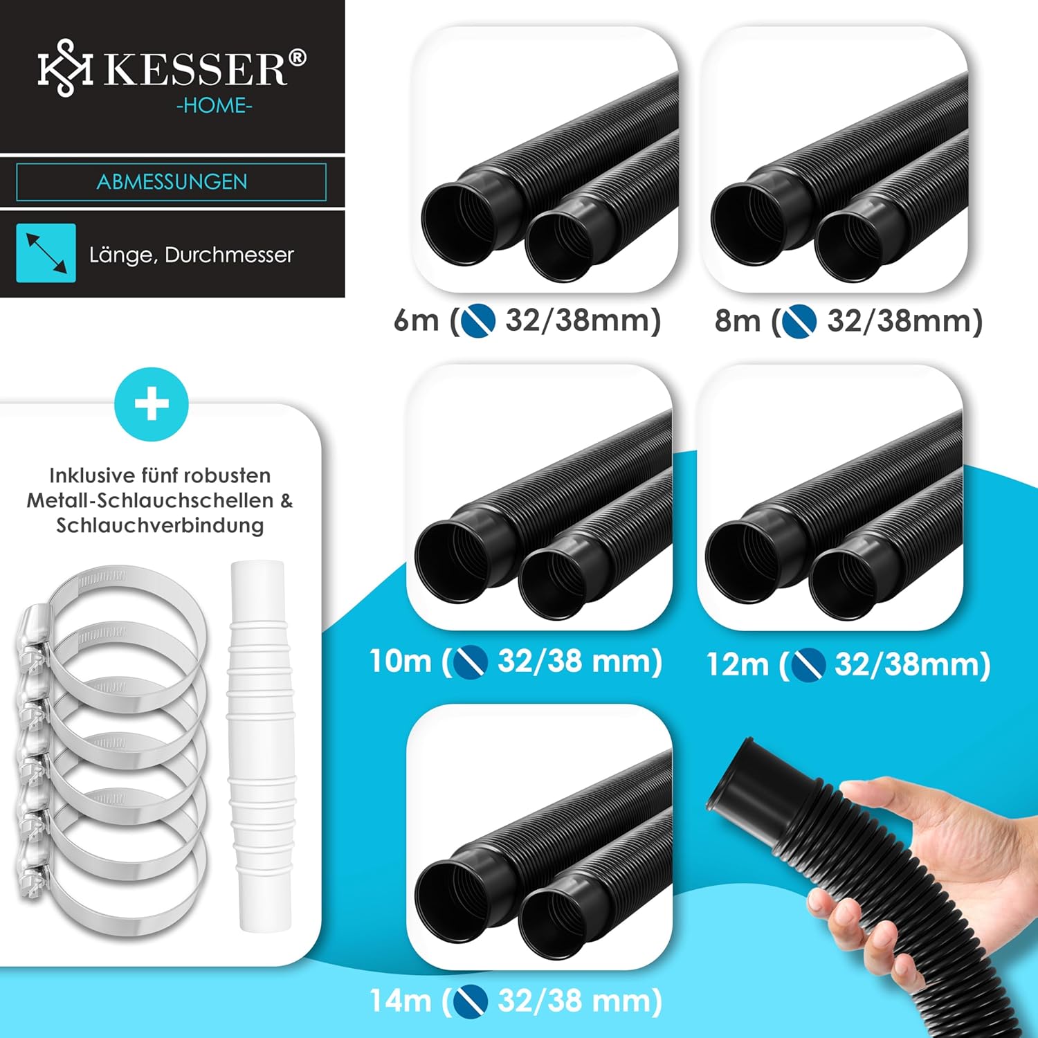 KESSER® Zwembadslang 10 m / Ø 38 mm | zwembadslang met | zonne-slang voor zwembad | zuigslang | pompslang | flexibele waterslang incl. slangklemmen en -verbinding | zwart