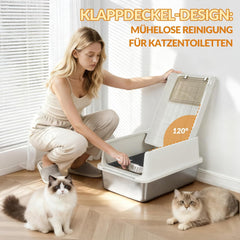 FOBYFURNY FPLB001SG1 Roestvrijstalen kattenbak met deksel, XXL, gesloten metalen kattenbak met schep en voettrede, uitneembaar, 120° klapdeksel, gemakkelijk te reinigen, crèmegrijs