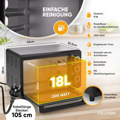 Vrijstaande oven - Hetelucht oven - 18 Liter - 1300W - Zwart - Stilstern