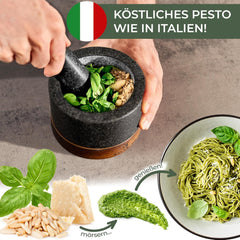 WALDWERK Vijzel met stamper (12 cm diameter), vijzel op luxe en stabiele basis van acaciahout, vijzel met stamper van natuurlijk graniet