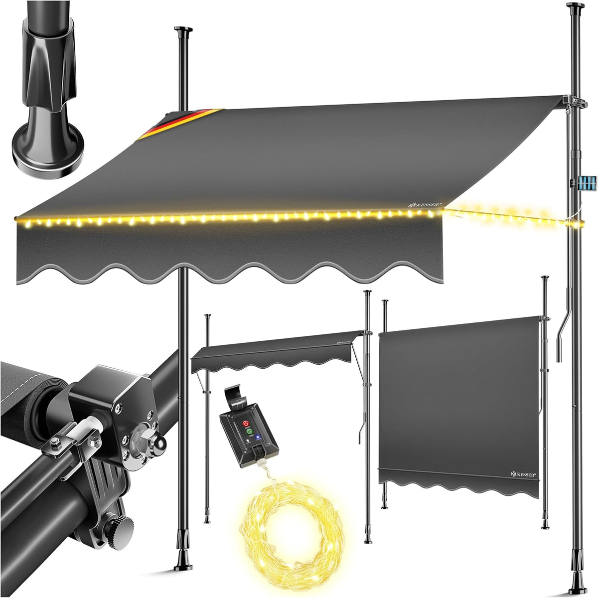 KESSER® Klemluifel met handslinger en led-lichtsnoer, balkonluifel zonder boren, luifel uv-bestendig, in hoogte verstelbaar en waterafstotend, zonwering voor balkon, terras en tuin, 300 cm