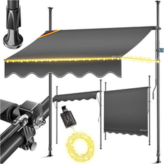 KESSER® Klemluifel met handslinger en led-lichtsnoer, balkonluifel zonder boren, luifel uv-bestendig, in hoogte verstelbaar en waterafstotend, zonwering voor balkon, terras en tuin, 400 cm