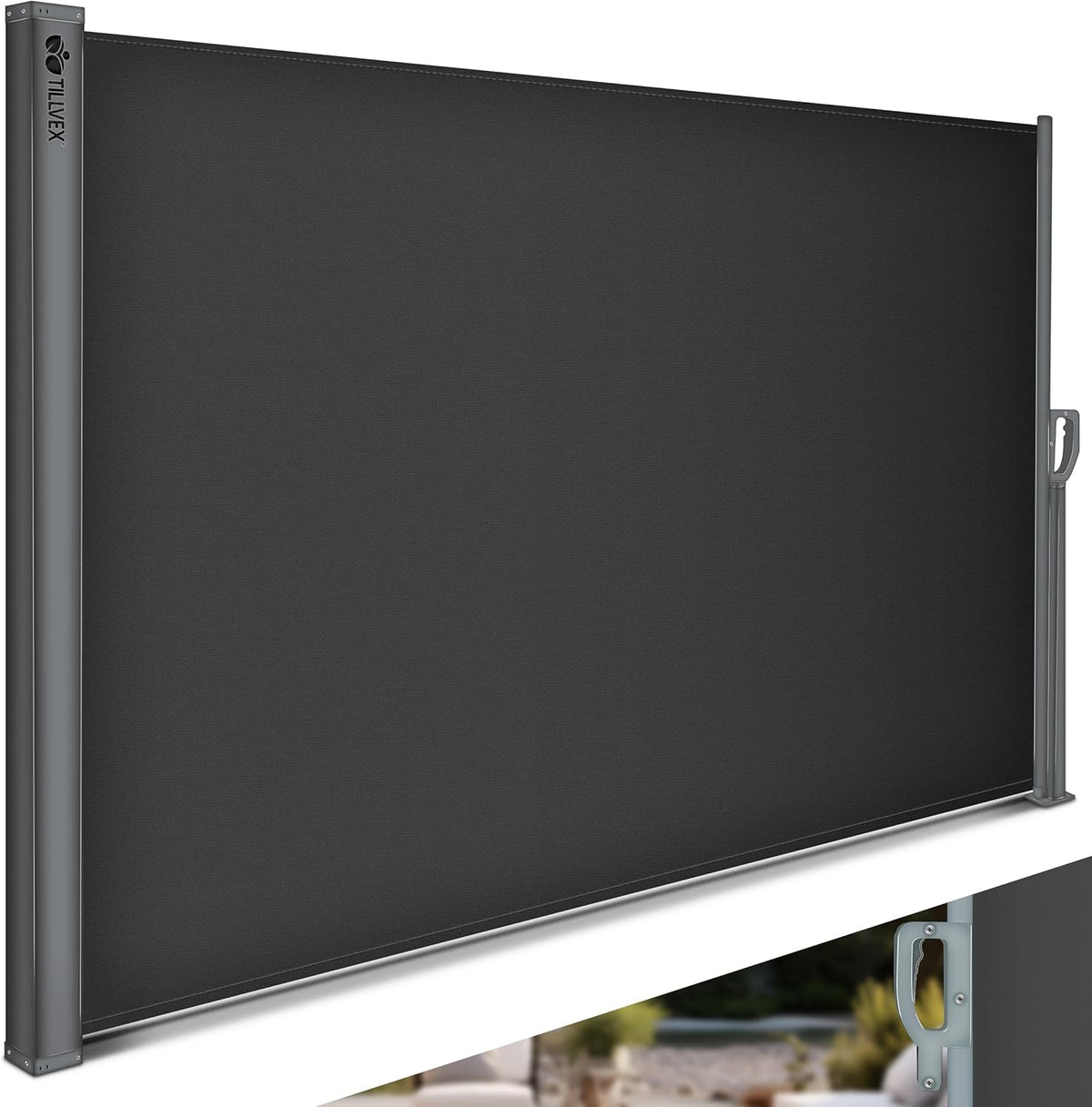tillvex® Zijluifel uittrekbaar en ondoorzichtig, inkijkbescherming voor balkon, tuin en terras, zijrolgordijn met wandhouder, zonwering van roestvrij staal, luifel (antraciet, 160 x 400 cm)