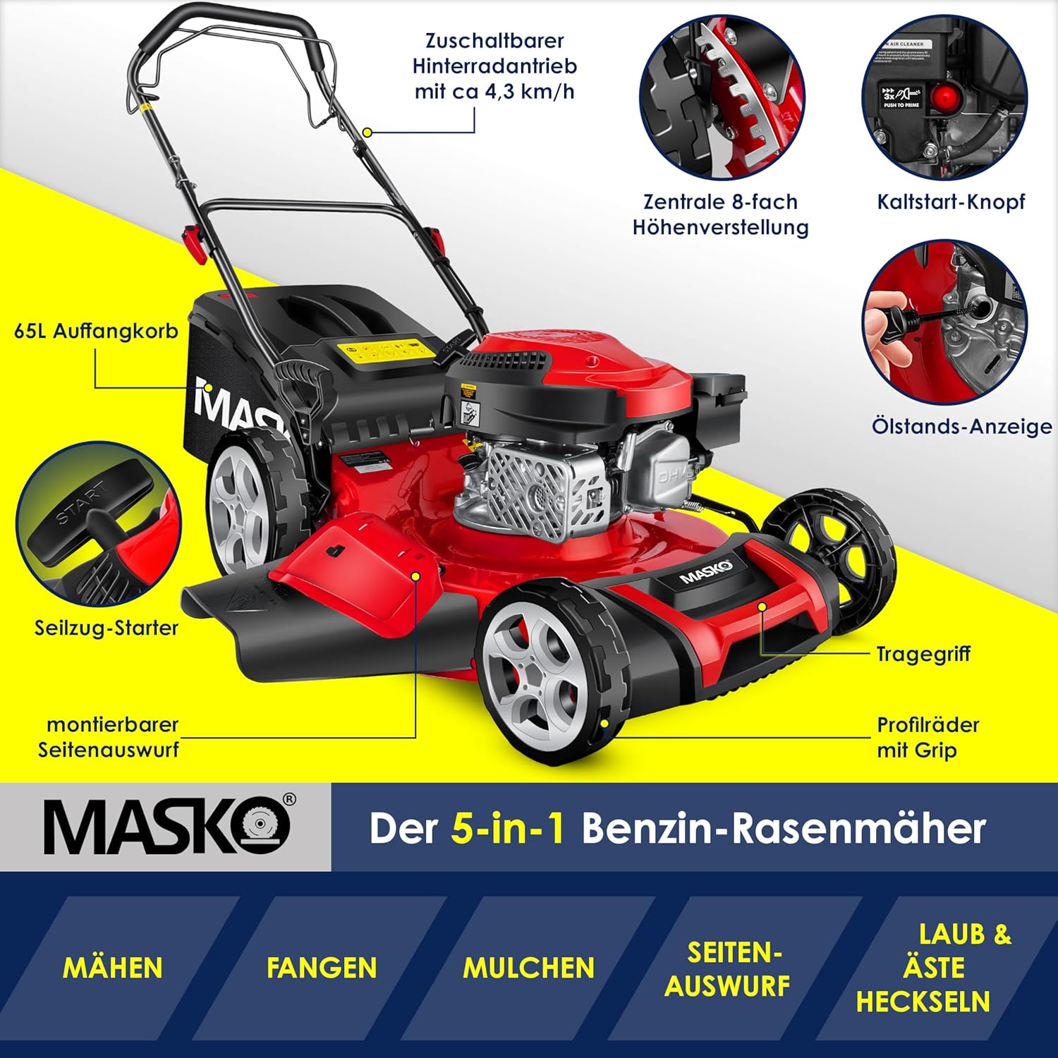 KESSER® Grasmaaier Benzine - 51cm - 65L opvangbak - Rood