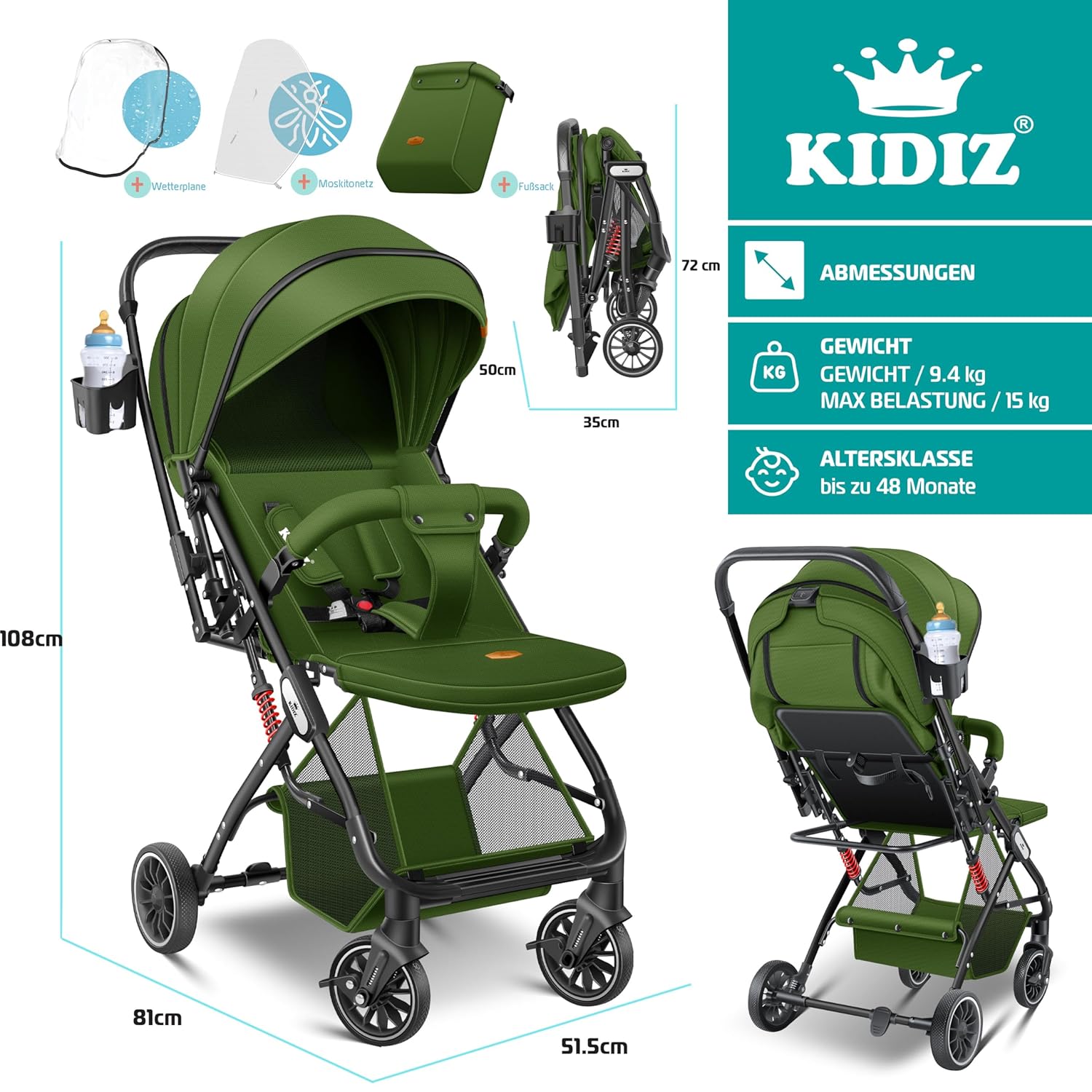 KIDIZ® Kinderwagen kinderbuggy opvouwbare ligbuggy sportwagen opvouwbaar 360° wielen 5-punts gordel incl. voetenzak, drankhouder, regenhoes & muggennet verstelbare rugleuning & zonnekap