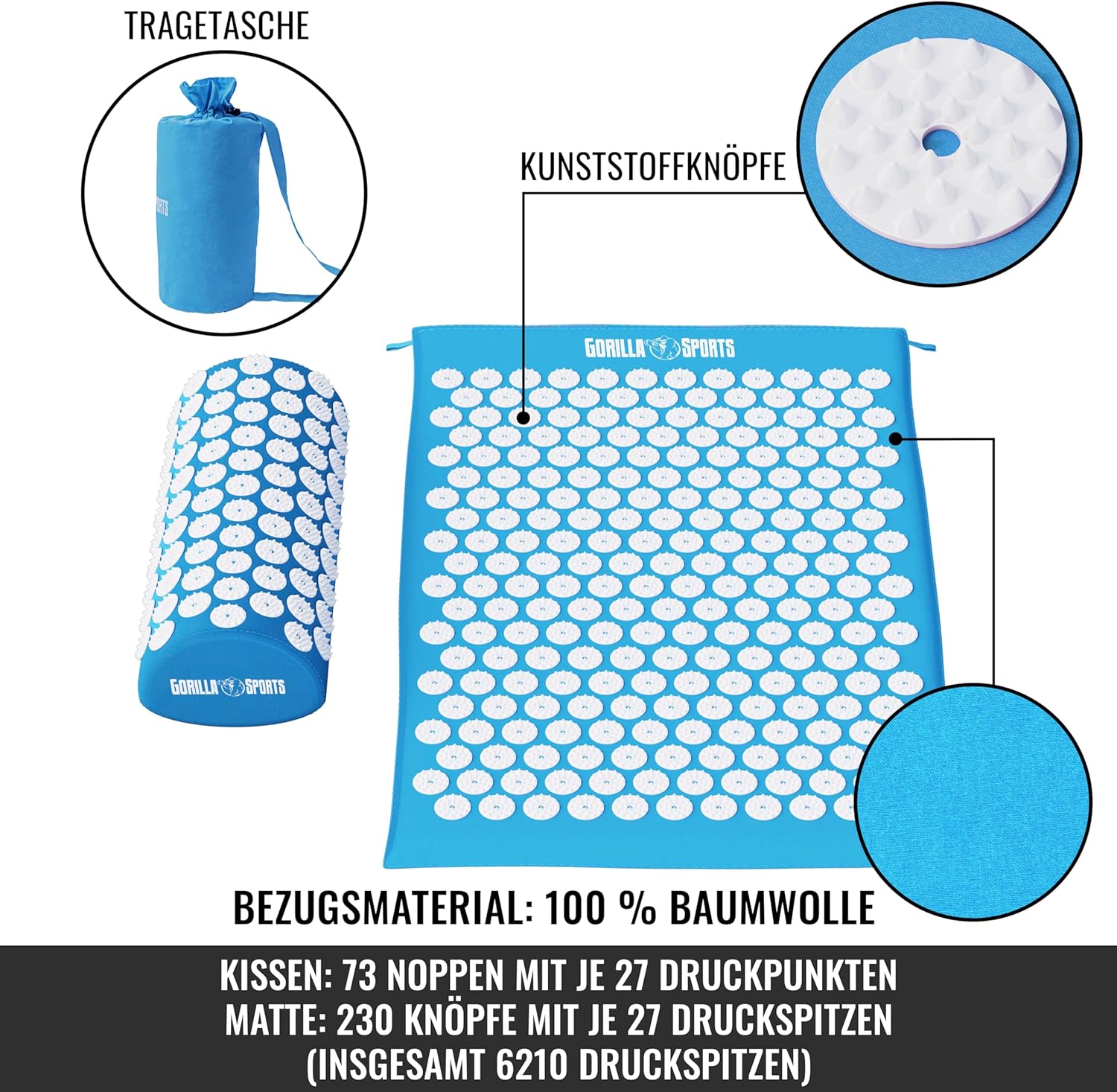 GORILLA SPORTS® Acupressuurmat, met ergonomische kussen en draagtas, 68 x 42 x 2,5 cm, wasbaar, van katoen, kleurkeuze, massagemat, nagelmat, acupunctuurmat
