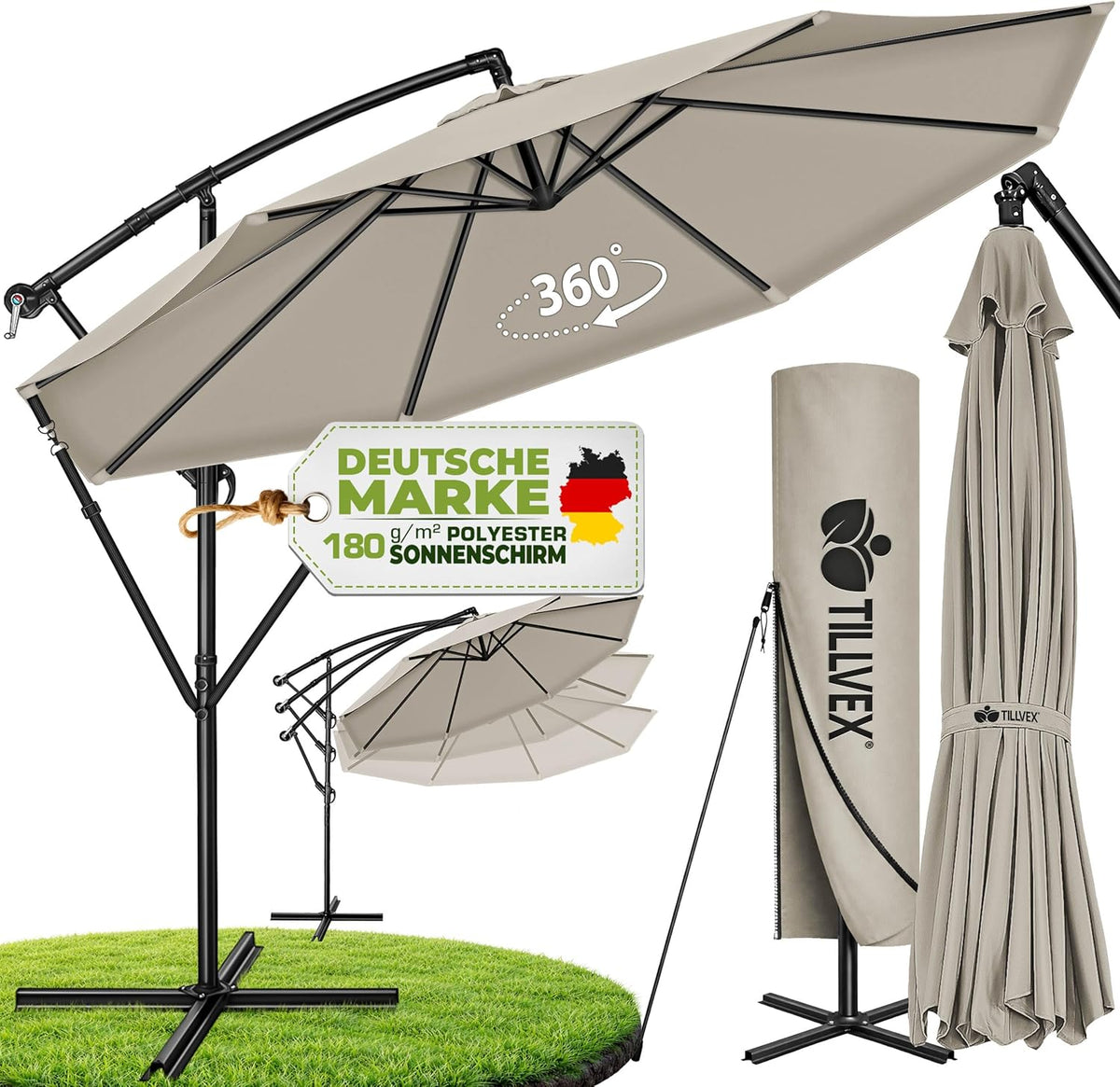 Zweefparasol - Tuinparasol - Parasol 300 cm - Met voet - Met Parasolhoes - Taupe - Tillvex
