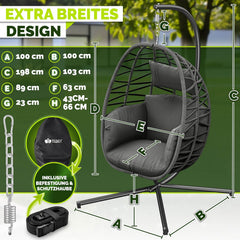tillvex® Hangstoel met frame, outdoor en weerbestendige afdekking incl. bevestiging, inklapbare hangmand tot 150 kg, hangstoel van rotan, hangstoel voor binnen, tuin, balkon, terras (antraciet) •