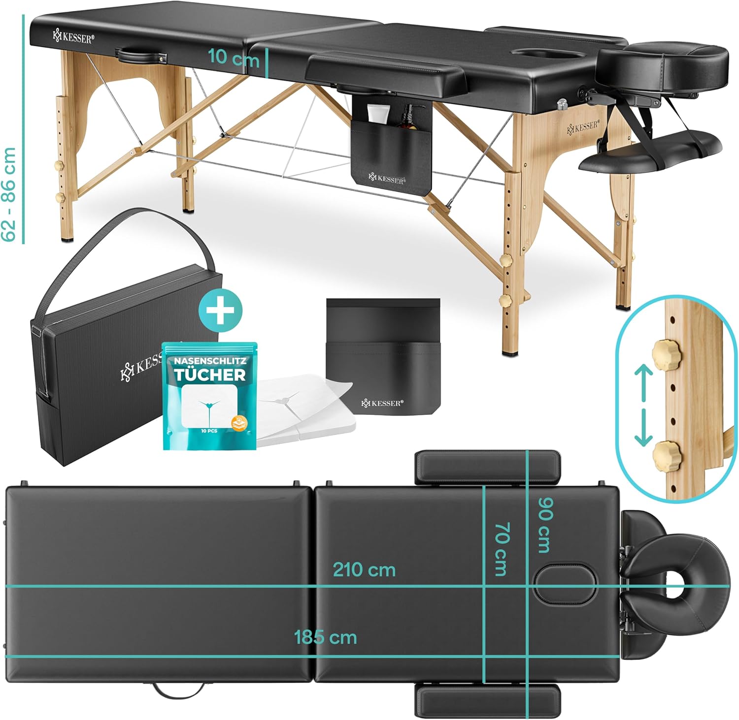 KESSER® Massagetafel inklapbaar - Tot 250kg - Verstelbaar - Zwart