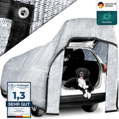FOLIASOL Schaduwnet auto, 4 x 6 m, aluminium hondennet met ingestanste ringen, 80% uv, aluminium zonwering voor camping en vakantie, zonwering, met bevestiging, hittebescherming, aluminium