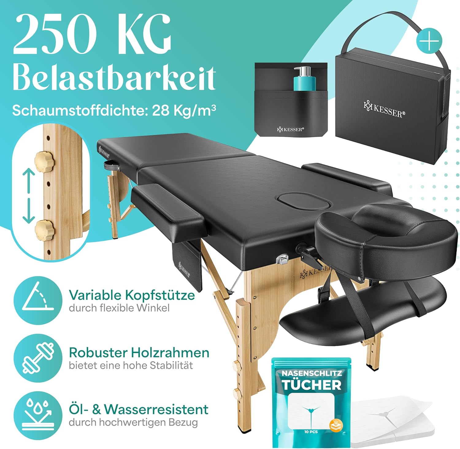 KESSER® Massagetafel inklapbaar - Tot 250kg - Verstelbaar - Zwart
