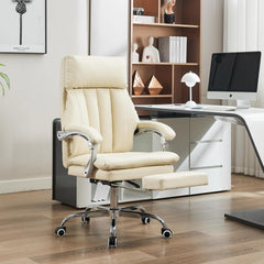 UEV Zachte Ergonomische Stoel met Voetsteun, Stoel van PU-leer combineert comfort en functionaliteit, Relaxfauteuil met Dik Kussen, 63 x 61,5 x (115-124) cm, Beige