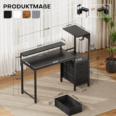 HLONONE Bureau met laden, gamingtafel met led en 2 stopcontacten en 3 USB-poorten, omkeerbare computertafel met plank en monitorstandaard, 112 x 50 cm, pc-tafel met haak voor thuiskantoor, zwart