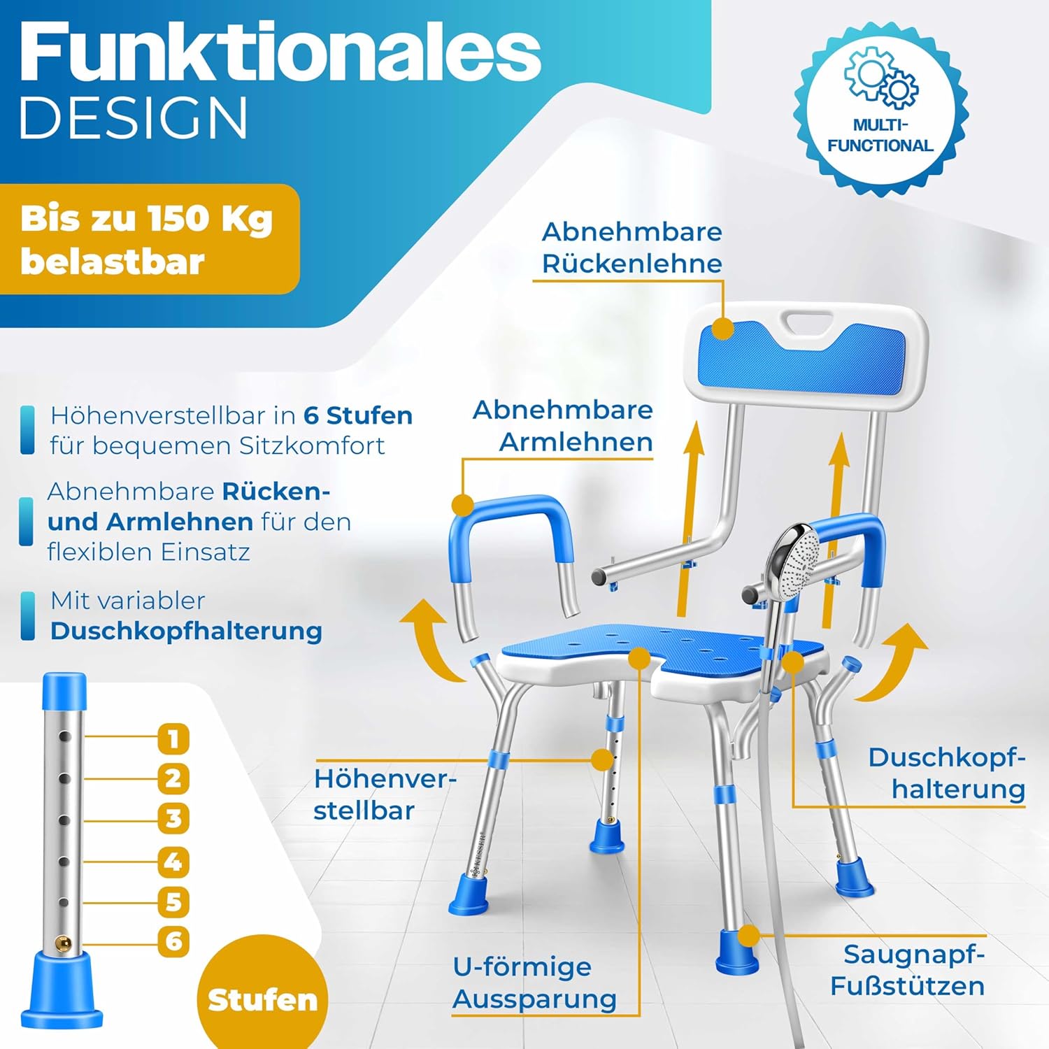 KESSER® Douchekruk - Douchestoel - Verstelbaar - Antislip - Blauw