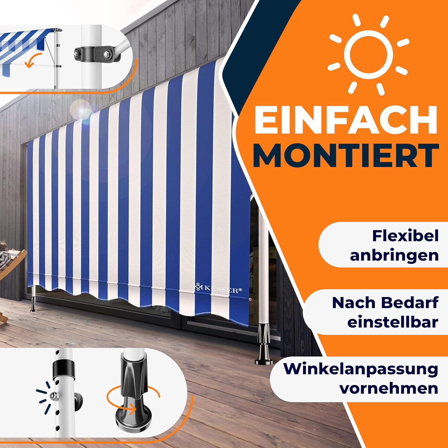 KESSER® Klemluifel - Balkonluifel zonder boren - 400cm - Verstelbaar - Blauw
