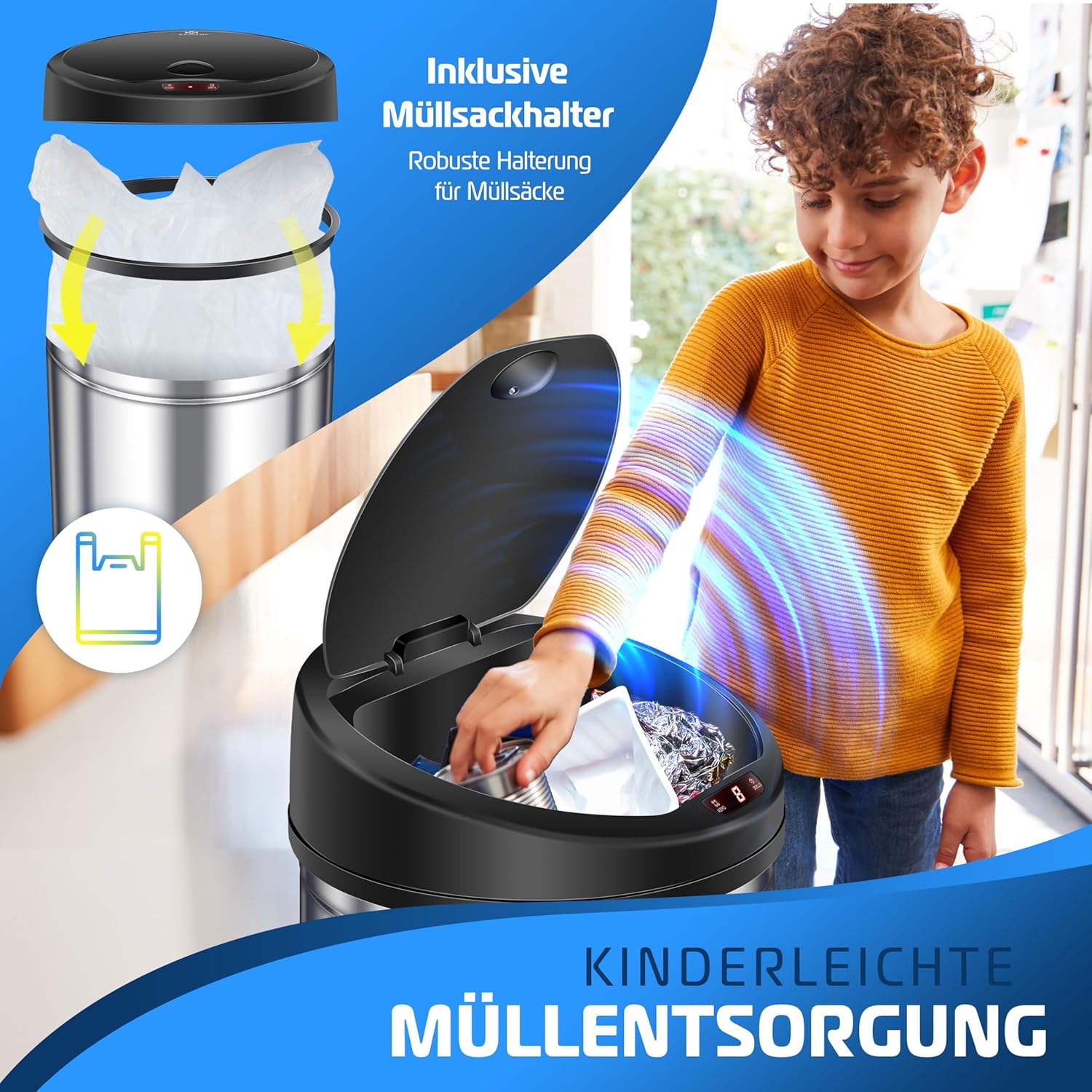 Kesser Afvalemmer, opent en sluit middels een sensor automatisch, roestvrij staal, 56 liter, zilver