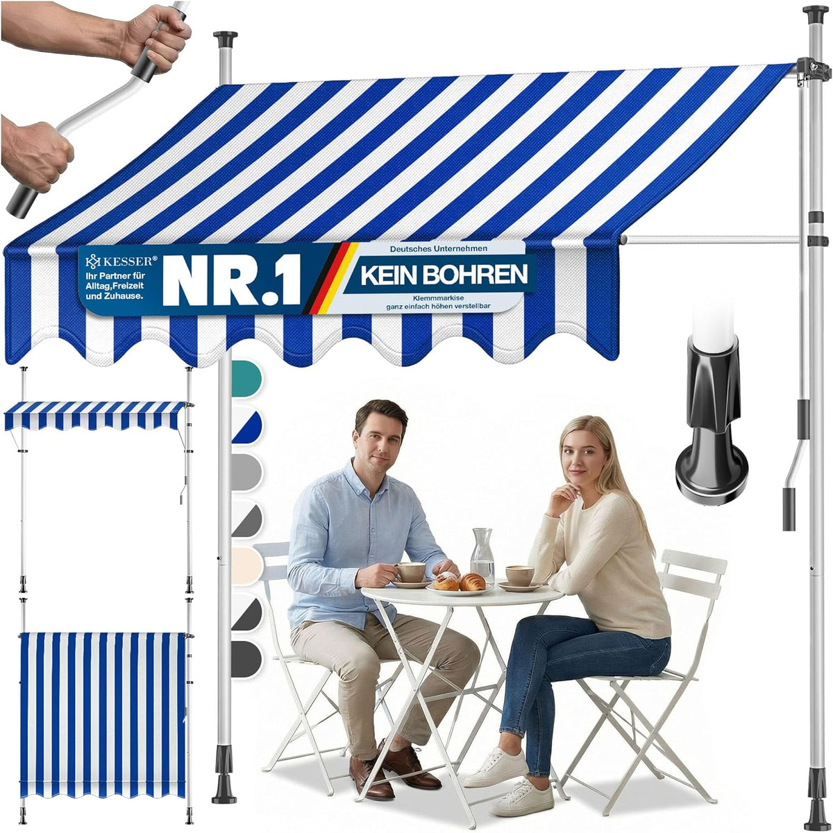Klemluifel - Balkon luifel - Verticale luifel - 150 cm - Blauw/Wit - KESSER®