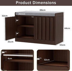 UEV Entreebank met 2 deuren, schoenenbank, schoenenkast, design met houten latten, verstelbare planken, dikke gevoerde zitting voor entree, hal, 66 x 33 x 44 cm, bruin