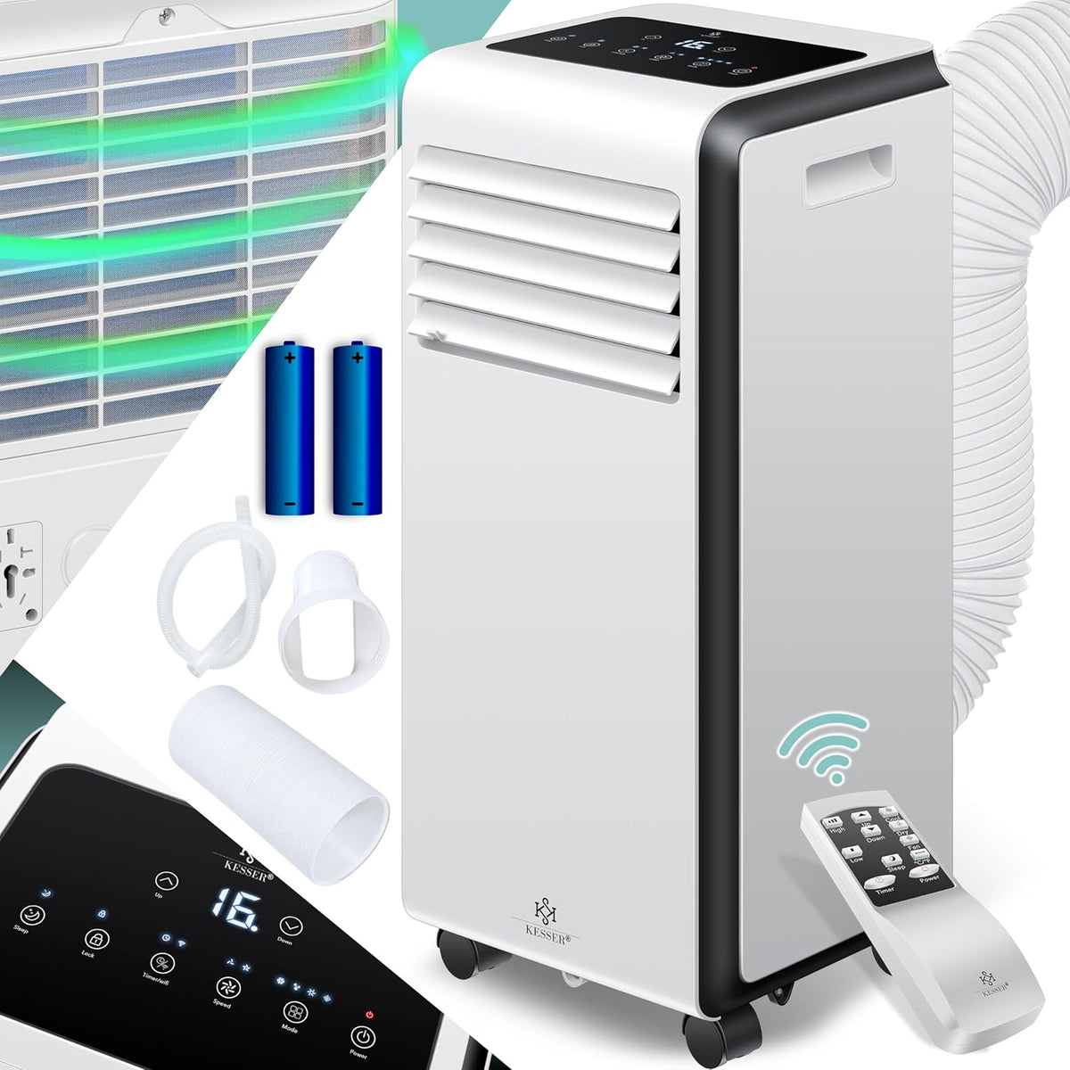 KESSER® Mobiele airconditioning, 4-in-1, koelen, luchtontvochtiger, ventilator, 7000 BTU/h, 780 W, mobiel klimaat met montagemateriaal, afstandsbediening en timer, nachtmodus en 360° wielen