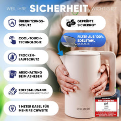 Stillstern waterkoker met temperatuurregeling [1,7 l, 2200 W, 40-55-70-85-100 °C], 12 uur warmhouden, roestvrijstalen waterkoker met precisietuit, snelle opwarming, campingwaterkoker, matte afwerking, beige