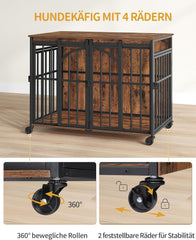 Hzuaneri Hondenbench, meubel met 360° draaiwielen, L hondenbox met schuifdeur, moderne houten hondenkooi voor kleine en middelgrote honden voor binnen, vintage bruin DFC86201B