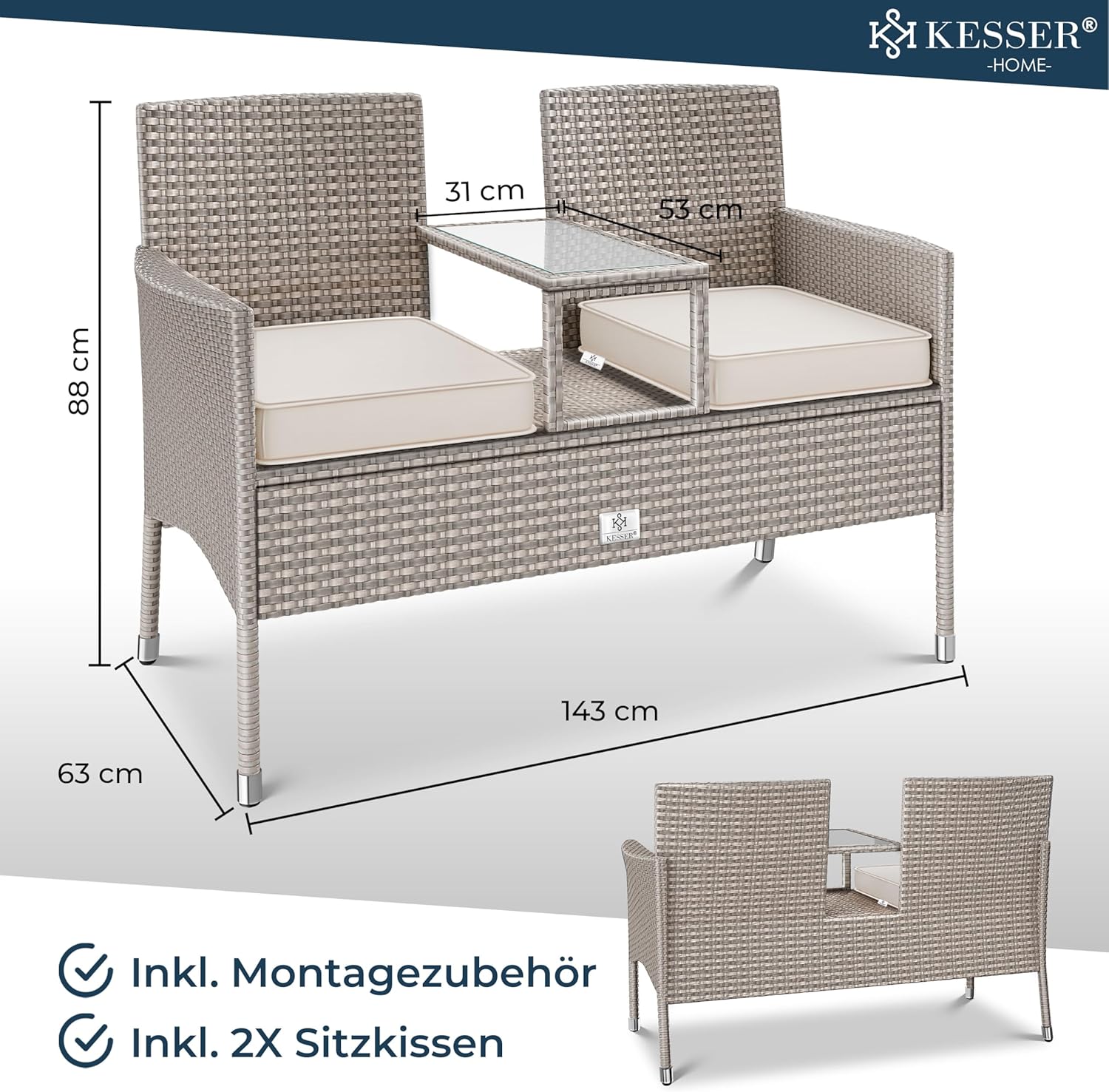 KESSER® Polyrotan tuinbank - Weerbestendig - Inc. Kussens - Grijs •