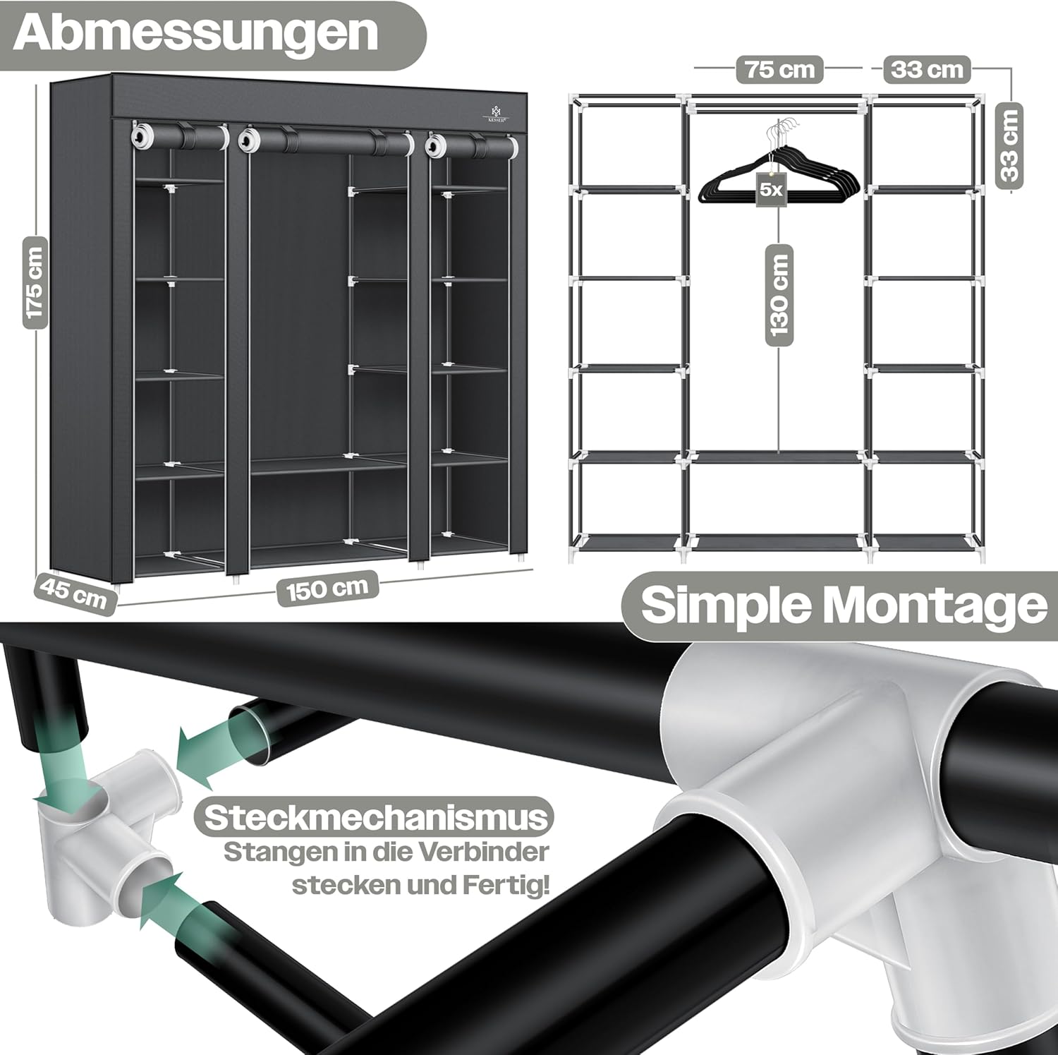 KESSER® Kledingkast stoffen kast stabiel met kledingstang en planken, incl. 5 x kleerhangers, stoffen vouwkast voor slaapkamer, kleedkamer garderobe met kledingrek 150x45x175cm antraciet