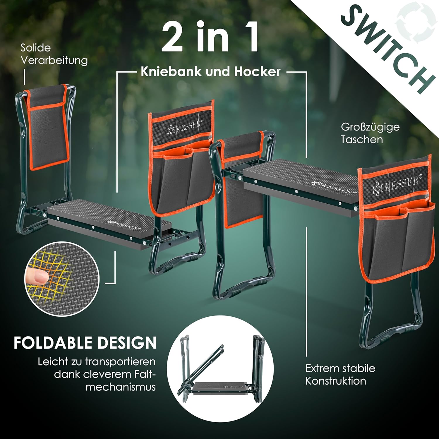 KESSER® 2in1 Kniebank - Tuinkruk - Kniesteun - Antraciet