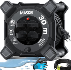 Masko® Kabelhaspel 30m - Verlengkabel - IP44 - Zwart •