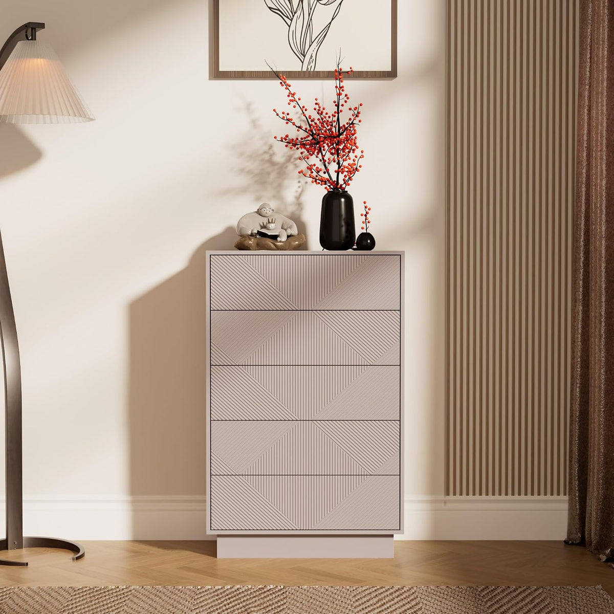 UEV Commode met 5 laden, 60 cm, opbergkast met zijdeachtige toets, oppervlak met uniek motief, grote opbergruimte, elegante Scandinavische stijl, voor slaapkamer, woonkamer, 60 x 33,5 x 94 cm