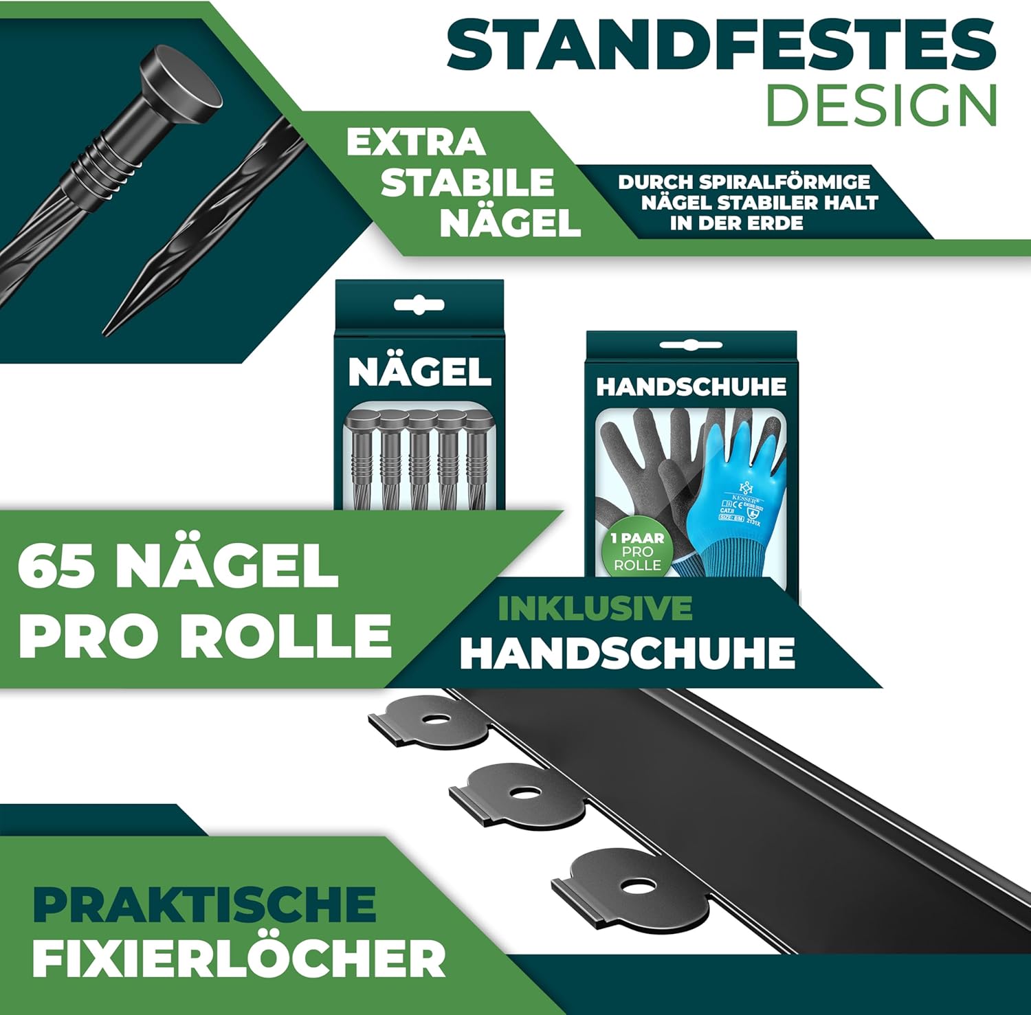 KESSER® Flexibele gazonrand van kunststof, lengte 10 m, hoogte 5 cm, met 65 grondankers + 1 paar handschoenen, borderrand, bloembegrenzing, maaikant, bestratingstenen, palissade - zwart