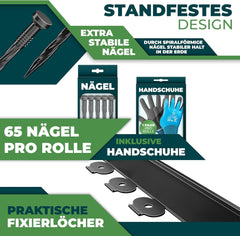 KESSER® Flexibele gazonrand van kunststof, lengte 10 m, hoogte 5 cm, met 65 grondankers + 1 paar handschoenen, borderrand, bloembegrenzing, maaikant, bestratingstenen, palissade - zwart