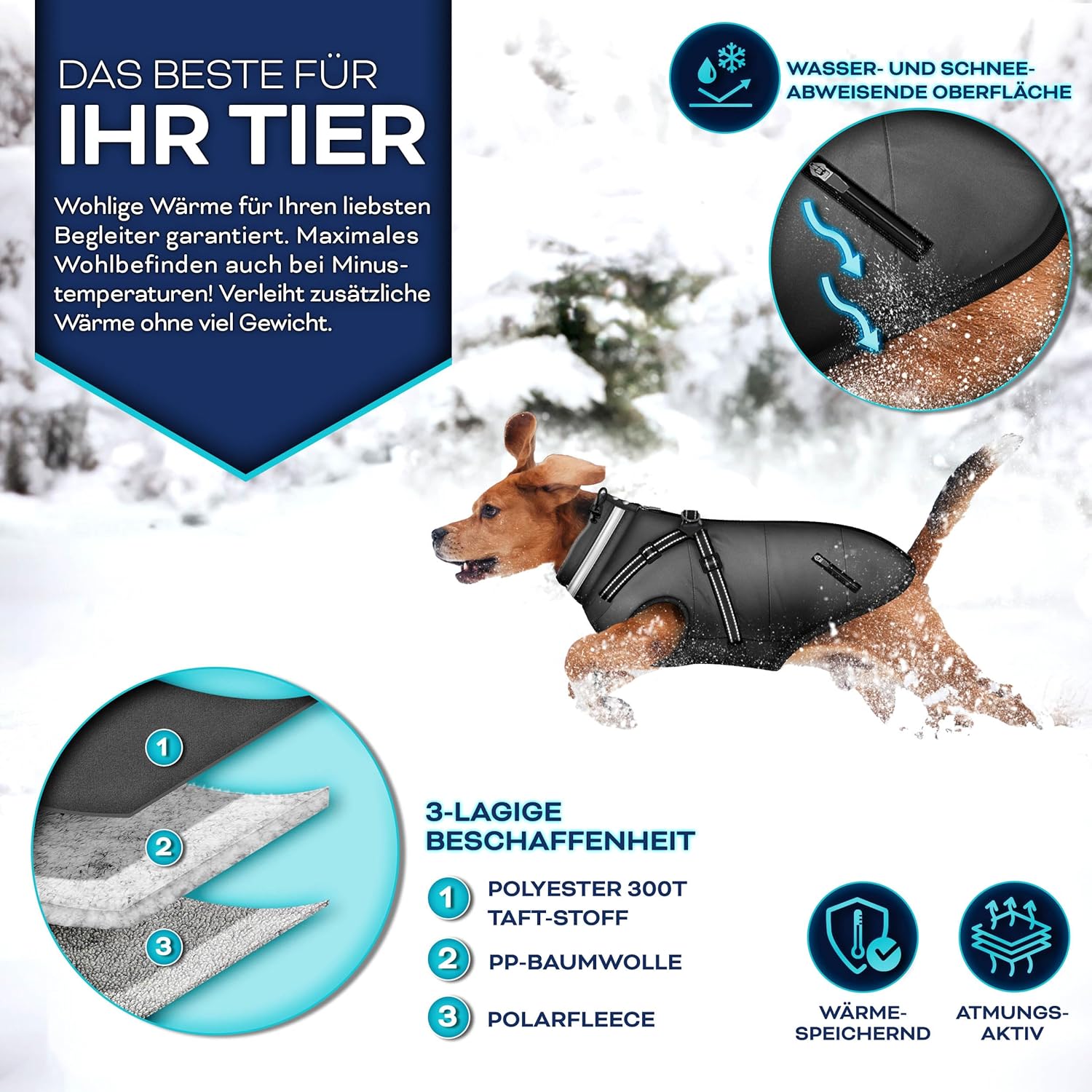 TRESKO® Hondenjas voor de winter, met reflectoren, incl. 15 stuks, poepzakken + dispenser, waterdichte hondenjas met harnas, gevoerd hondenvest (M, zwart)