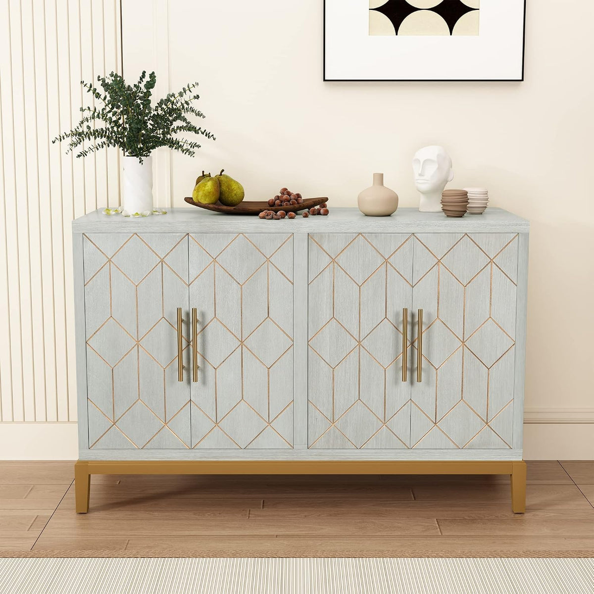 HLR Accentkast 122 cm met 4 deuren en planken, moderne dressoirkast met gouden afwerking, groene buffetkast voor woonkamer, keuken, eetkamer of hal, lichtgroen