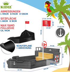 KIDIZ® Zandbak AHOI - piratenschip boot zeilschip van hout incl. afdekking, grondzeil, zitbank, vlaggenmast, speelgoed | grote kinderzandbak voor de tuin | outdoor zandbak antraciet
