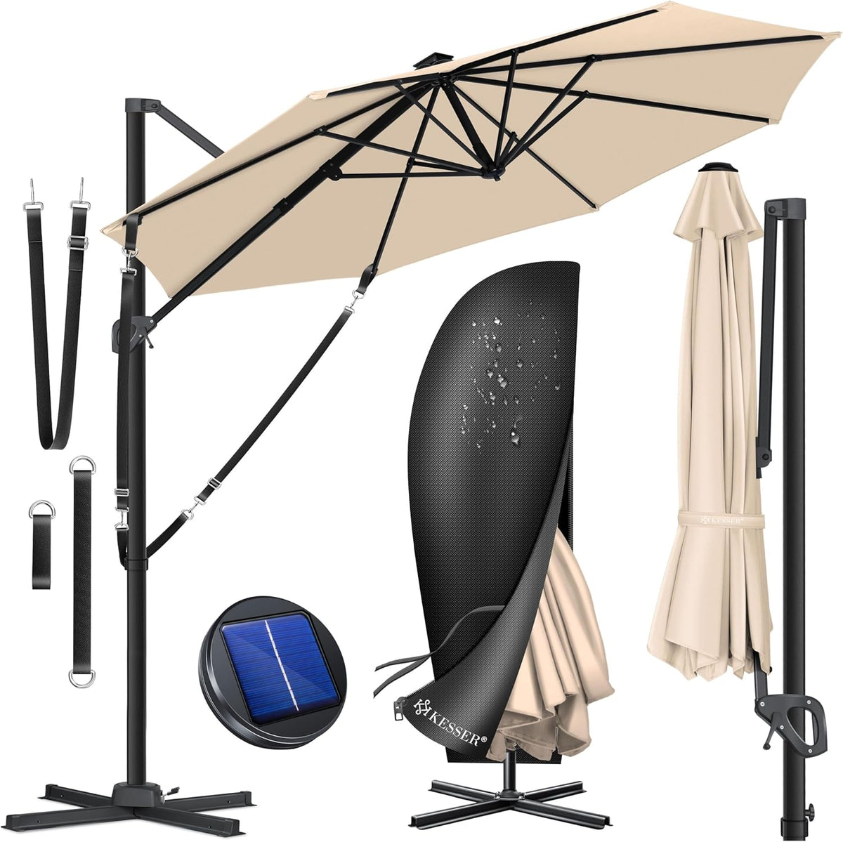 KESSER® Parasol, zweefparasol, SUN rond XL Ø330 cm, 7-voudig verstelbaar, draaibaar, kantelbaar, groot, 360 graden draaibaar, tuinscherm met zwengel, zonbescherming UV50+, incl. windscherm & afdekking