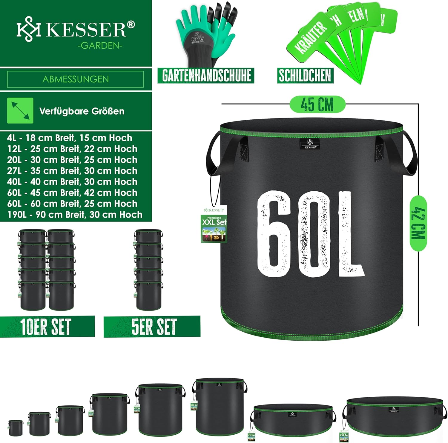 KESSER® 5x Plantenzak - 60L - Plantenzakken - Zwart •