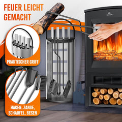 KESSER® Haardaccessoires, 5-delige haardbestek, modern design, gecoat, hoogwaardig haardgarnituur uit 5 delen: bezem, schep, pookhaak, tang, standaard met zichtbescherming, roestvrij staal, zilver