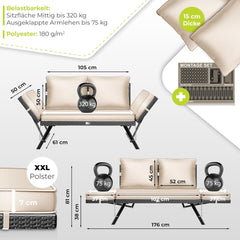 KESSER® Luna Tuinbank, polyrotan, met ligfunctie, 4-in-1 verstelfunctie, weerbestendig, balkonbank, verstelbare armleuningen, extra dikke en zachte bekleding, voor tuin/balkon/terras