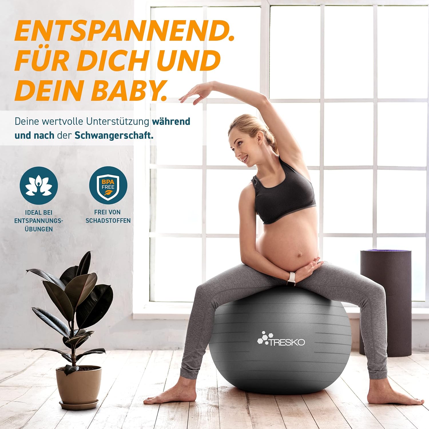 Tresko Gymnastiekbal met gratis oefenposter, inclusief luchtpomp, BPA-vrij,75 cm , zitbal, yogabal, ontploft niet (belastbaarheid 300 kg), voor fitness, yoga, Pilates