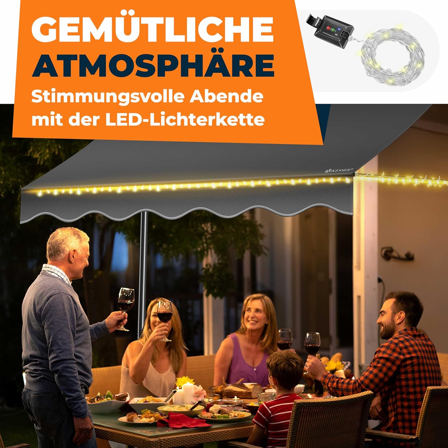 KESSER® Klemluifel met handslinger en led-lichtsnoer, balkonluifel zonder boren, luifel uv-bestendig, in hoogte verstelbaar en waterafstotend, zonwering voor balkon, terras en tuin, 300 cm