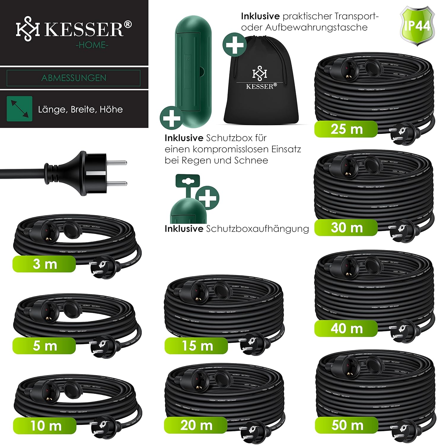 KESSER® Verlengkabel 25 meter voor binnen en buiten IP44 - Zwart
