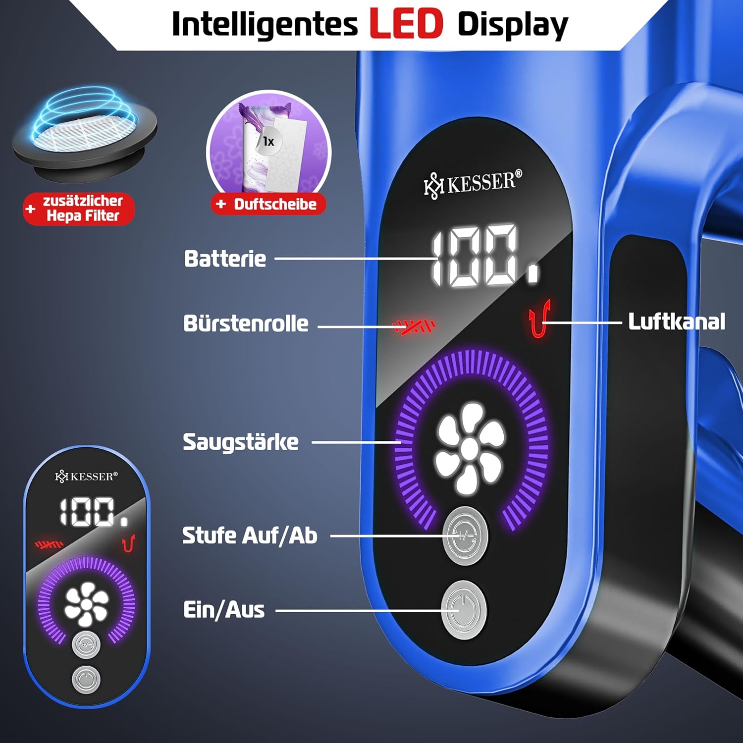 Steelstofzuiger - Draadloos - Stofzuiger Zonder zak - 45KPa - Blauw - KESSER®