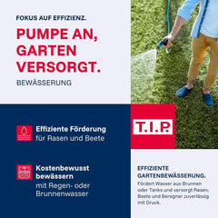T.I.P. Tuinpomp - 1.200W roestvrij staal jetpomp 5.000 l/u, met 45 m opvoerhoogte, 4,5 bar druk, overbelastingsbeveiliging •